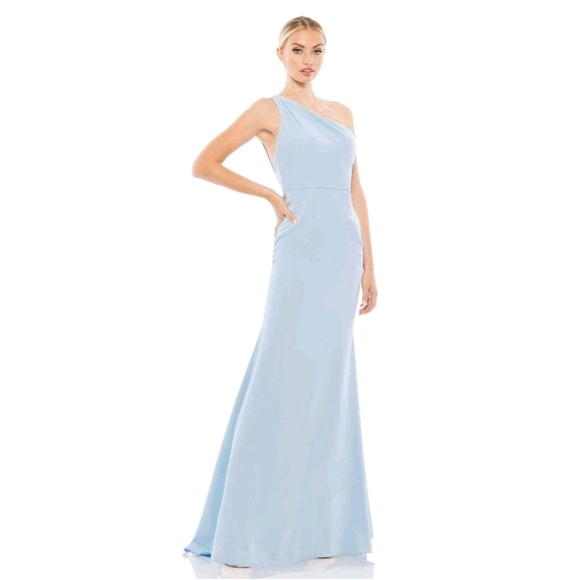 Nwt MAC DUGGAL Ieena Mermaid Blue Gown Maxi Dress Strap Back 10 Jersey Wedding - Picture 1 of 16